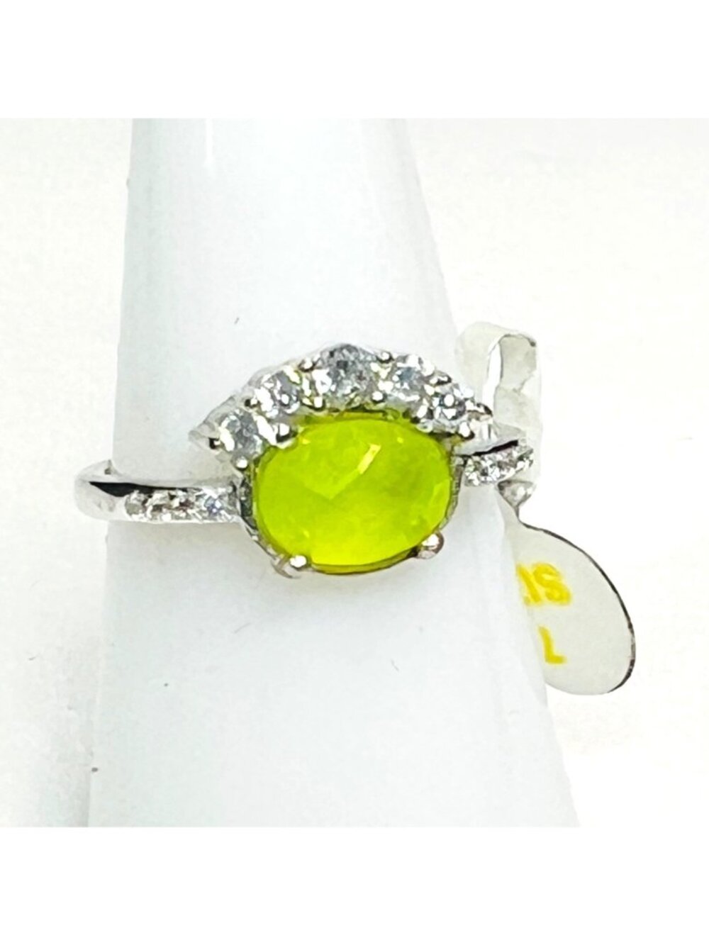 Ring Bomb Party Ring, Size 7, green gemstone, silver color band